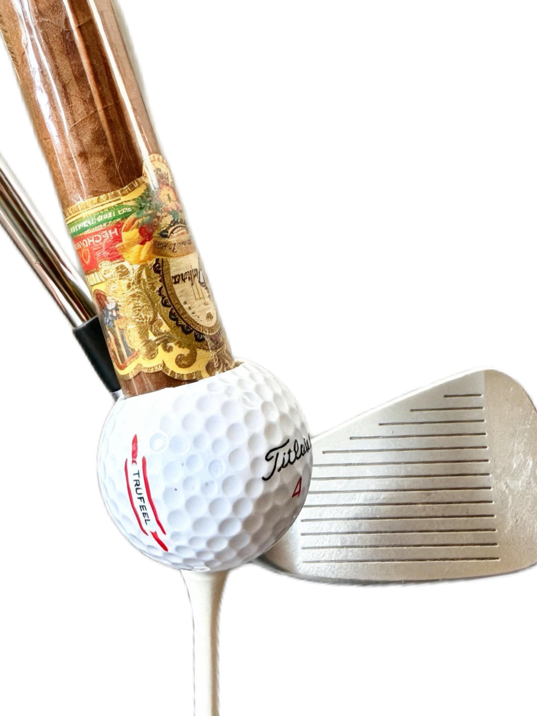 Golf club with a golf ball on a white background with tee