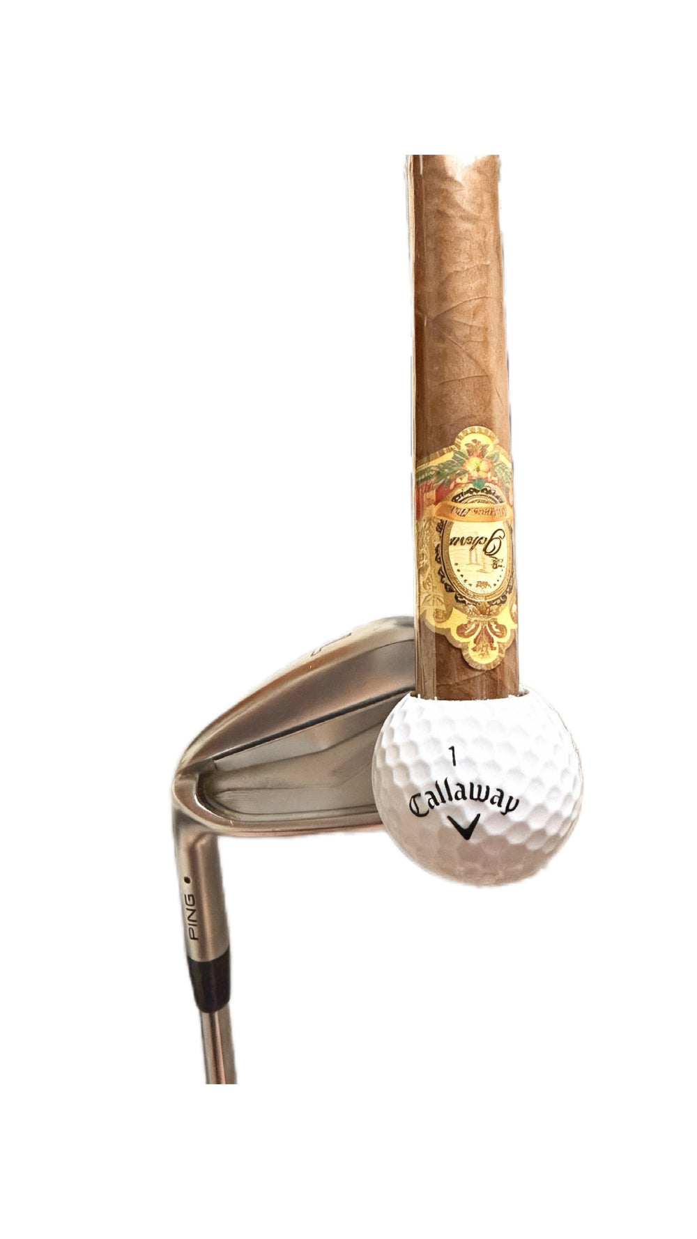 Golf club and ball with Callaway logo on a white background
