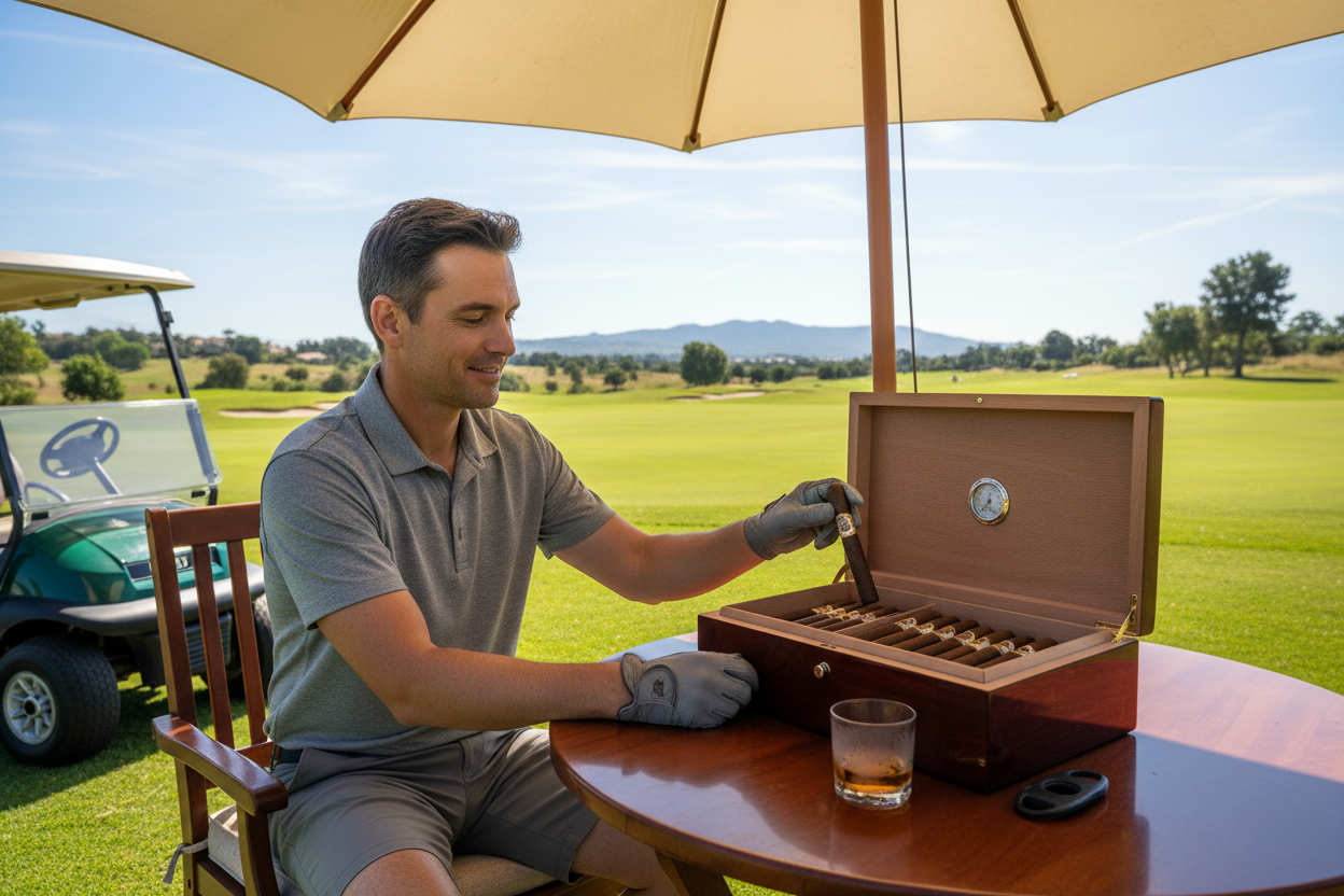 a person using this humidor at the golf course